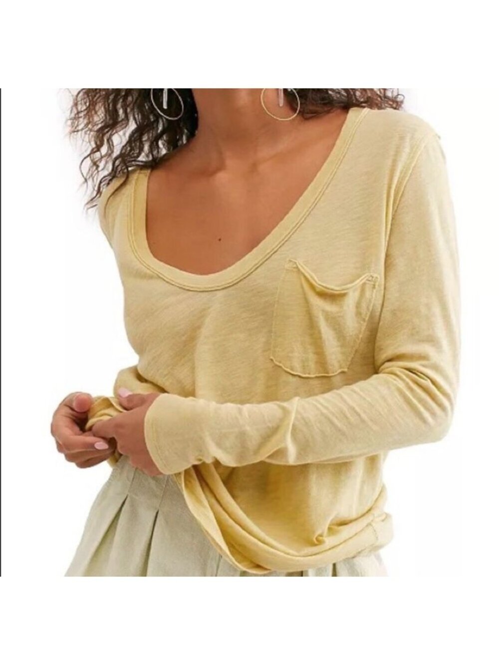 Free People Betty We The Free Yellow Long Sleeve V-Neck Top Pocket Womens Medium